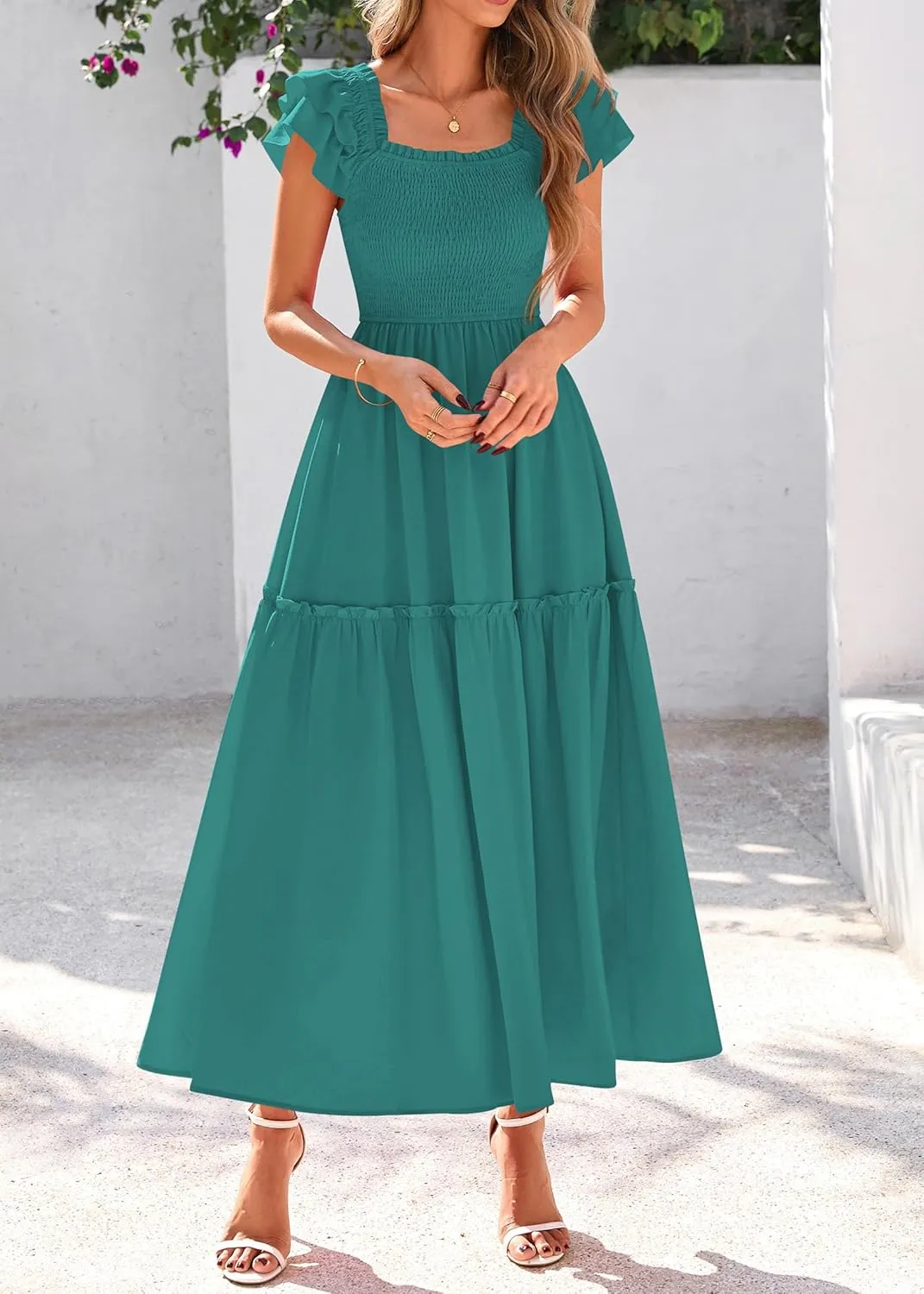 KIRUNDO Womens Summer Wedding Guest Dress 2025 Smocked Ruffle Flutter Short Sleeve Square Neck Flowy Tiered Midi Sundress