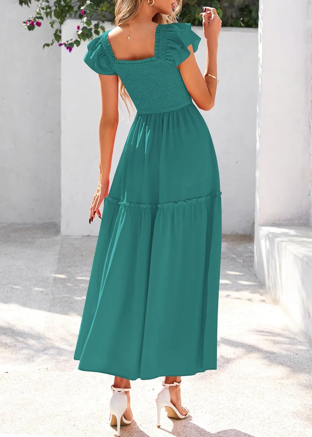 KIRUNDO Womens Summer Wedding Guest Dress 2025 Smocked Ruffle Flutter Short Sleeve Square Neck Flowy Tiered Midi Sundress