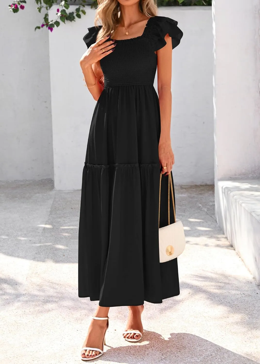 KIRUNDO Womens Summer Wedding Guest Dress 2025 Smocked Ruffle Flutter Short Sleeve Square Neck Flowy Tiered Midi Sundress
