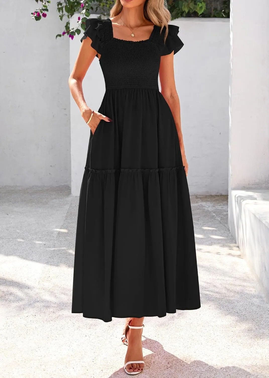 KIRUNDO Womens Summer Wedding Guest Dress 2025 Smocked Ruffle Flutter Short Sleeve Square Neck Flowy Tiered Midi Sundress