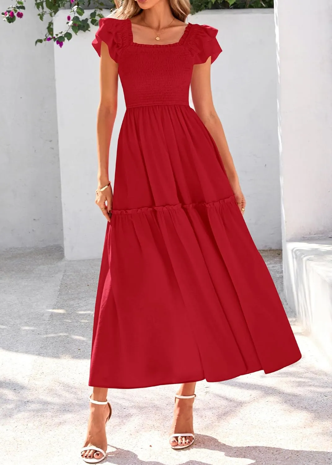 KIRUNDO Womens Summer Wedding Guest Dress 2025 Smocked Ruffle Flutter Short Sleeve Square Neck Flowy Tiered Midi Sundress