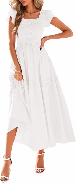 KIRUNDO Womens Summer Wedding Guest Dress 2025 Smocked Ruffle Flutter Short Sleeve Square Neck Flowy Tiered Midi Sundress