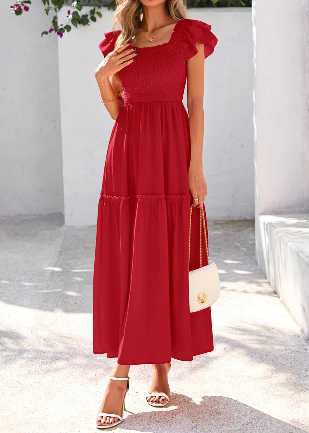 KIRUNDO Womens Summer Wedding Guest Dress 2025 Smocked Ruffle Flutter Short Sleeve Square Neck Flowy Tiered Midi Sundress