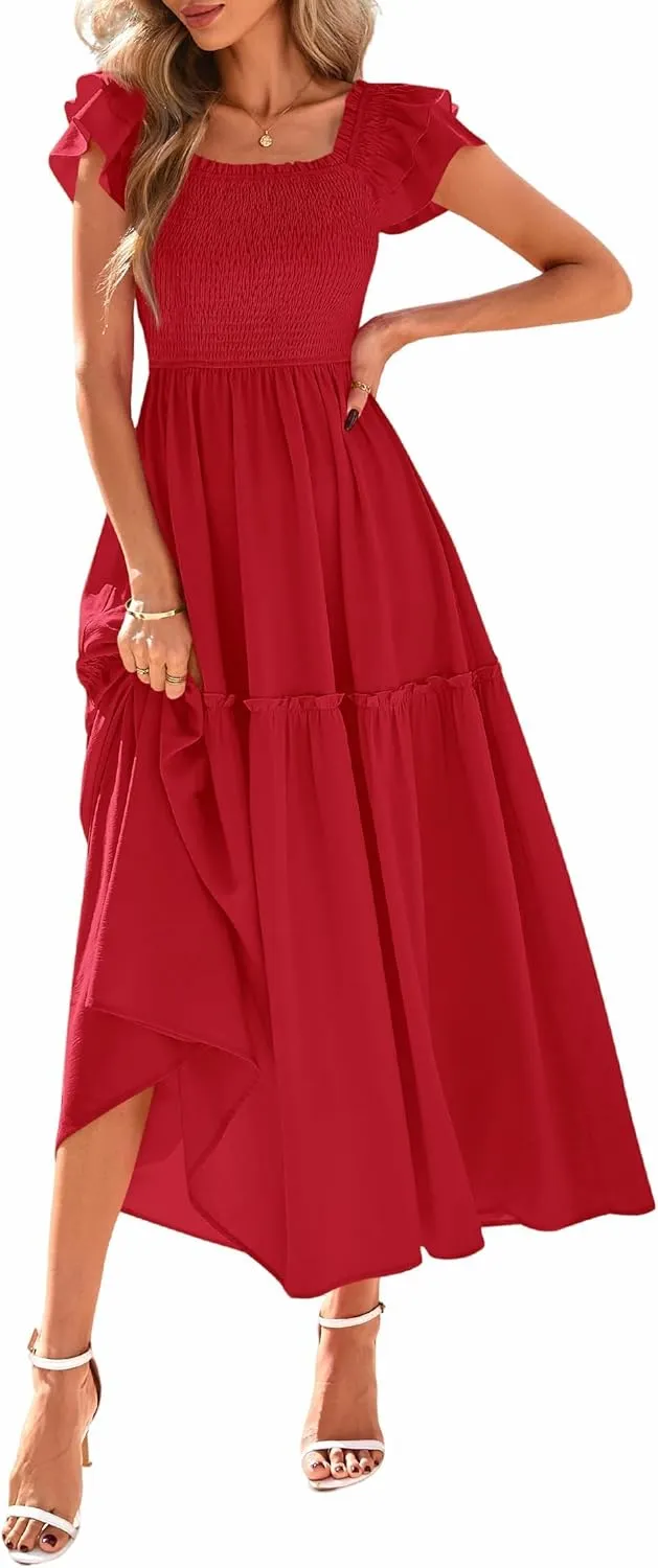 KIRUNDO Womens Summer Wedding Guest Dress 2025 Smocked Ruffle Flutter Short Sleeve Square Neck Flowy Tiered Midi Sundress