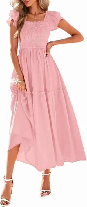 KIRUNDO Womens Summer Wedding Guest Dress 2025 Smocked Ruffle Flutter Short Sleeve Square Neck Flowy Tiered Midi Sundress