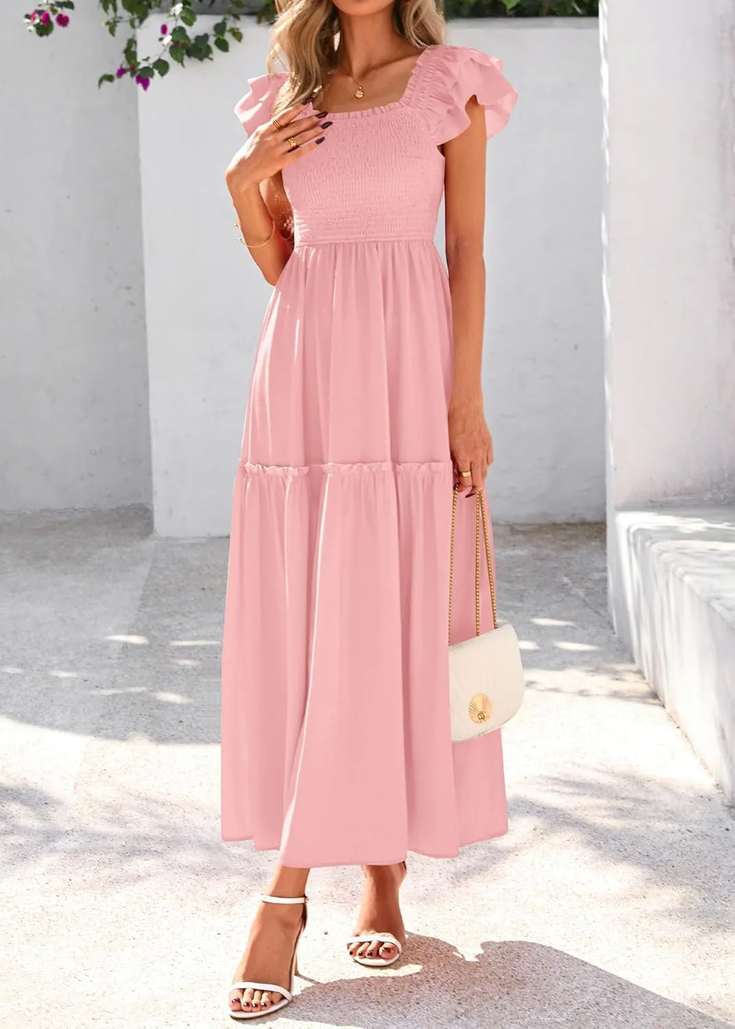 KIRUNDO Womens Summer Wedding Guest Dress 2025 Smocked Ruffle Flutter Short Sleeve Square Neck Flowy Tiered Midi Sundress