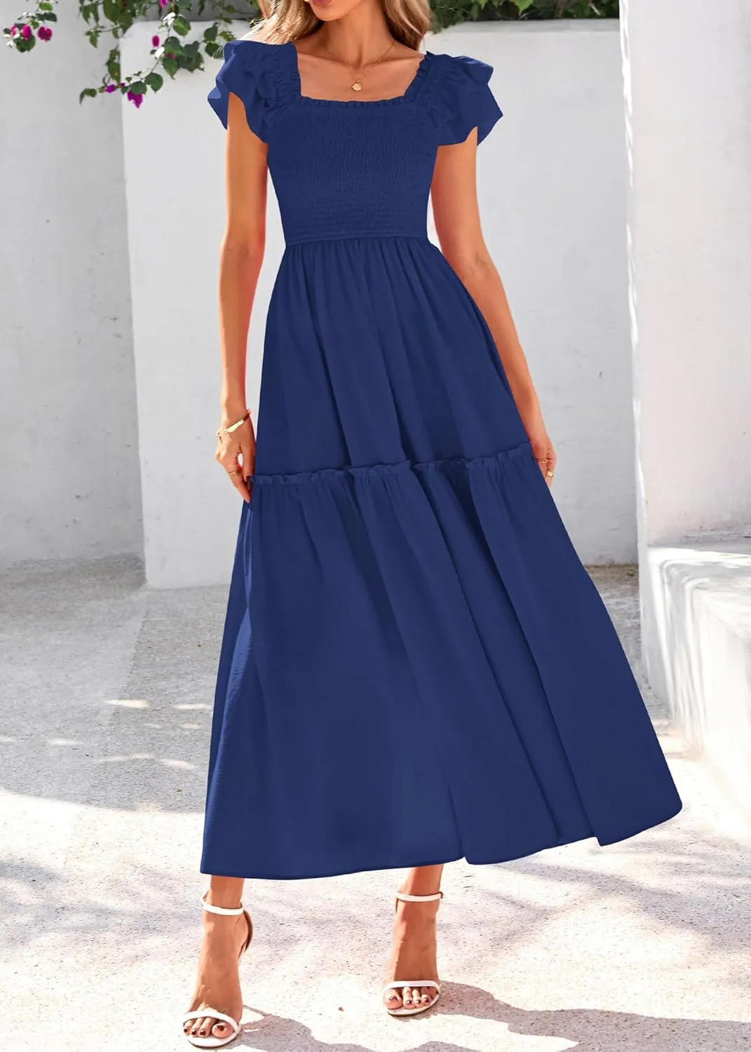 KIRUNDO Womens Summer Wedding Guest Dress 2025 Smocked Ruffle Flutter Short Sleeve Square Neck Flowy Tiered Midi Sundress