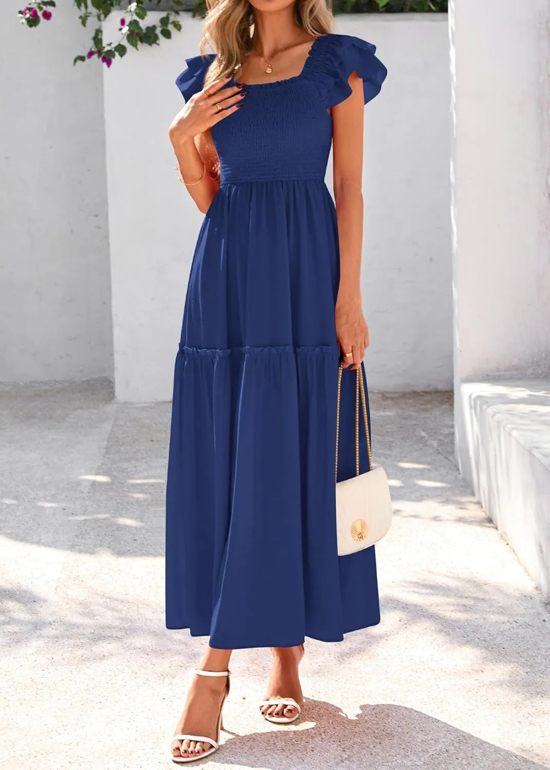 KIRUNDO Womens Summer Wedding Guest Dress 2025 Smocked Ruffle Flutter Short Sleeve Square Neck Flowy Tiered Midi Sundress