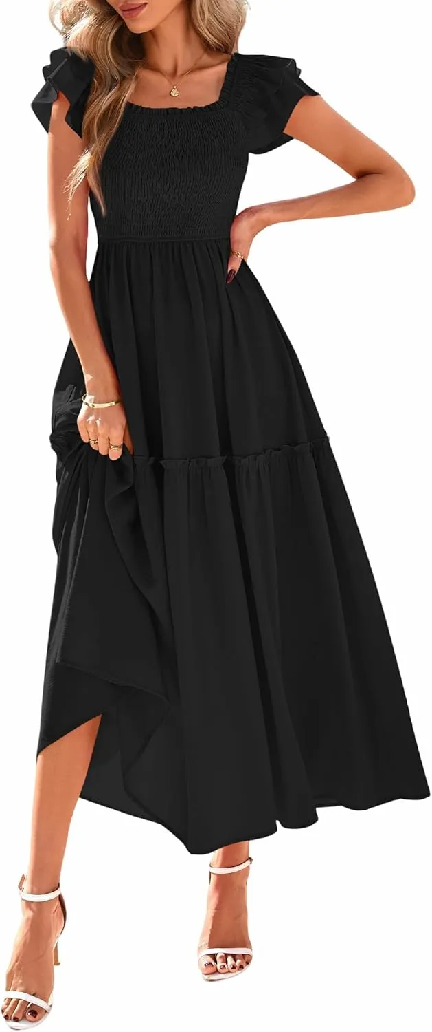 KIRUNDO Womens Summer Wedding Guest Dress 2025 Smocked Ruffle Flutter Short Sleeve Square Neck Flowy Tiered Midi Sundress
