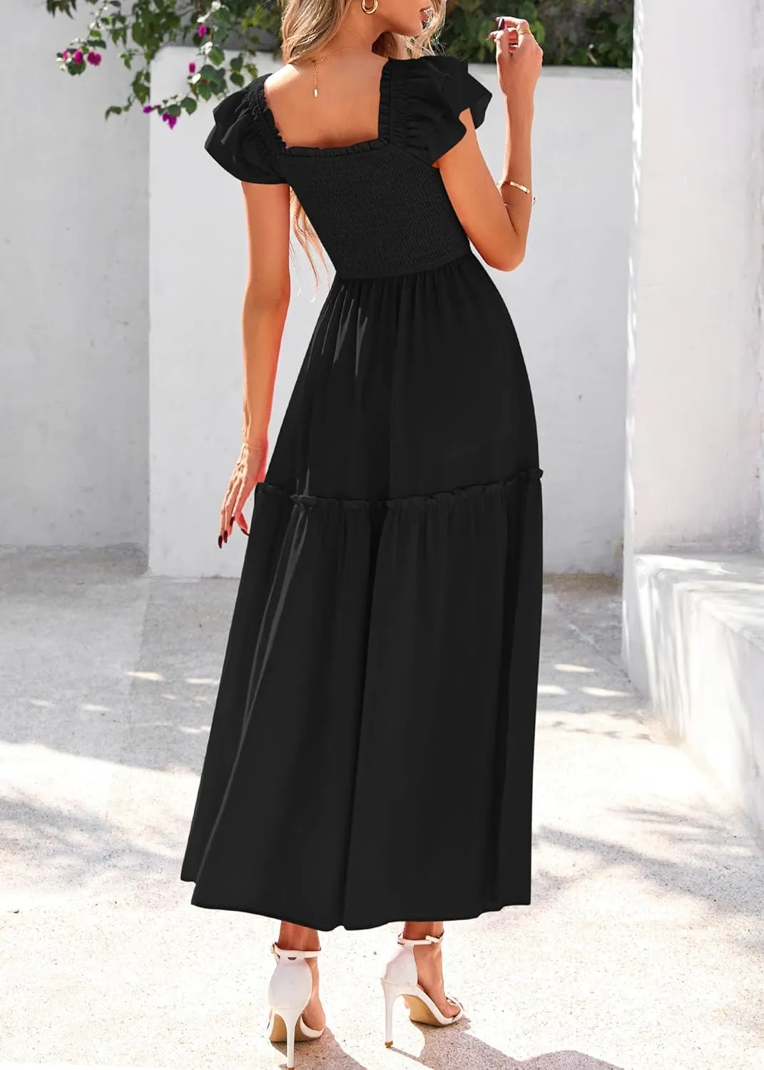 KIRUNDO Womens Summer Wedding Guest Dress 2025 Smocked Ruffle Flutter Short Sleeve Square Neck Flowy Tiered Midi Sundress