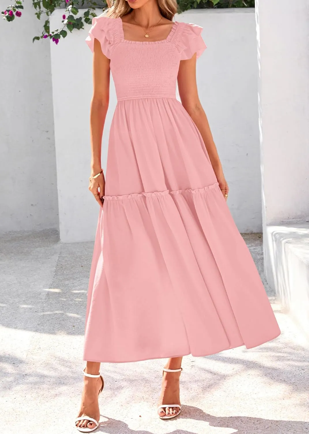 KIRUNDO Womens Summer Wedding Guest Dress 2025 Smocked Ruffle Flutter Short Sleeve Square Neck Flowy Tiered Midi Sundress
