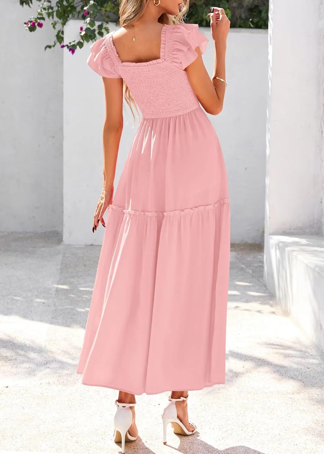 KIRUNDO Womens Summer Wedding Guest Dress 2025 Smocked Ruffle Flutter Short Sleeve Square Neck Flowy Tiered Midi Sundress
