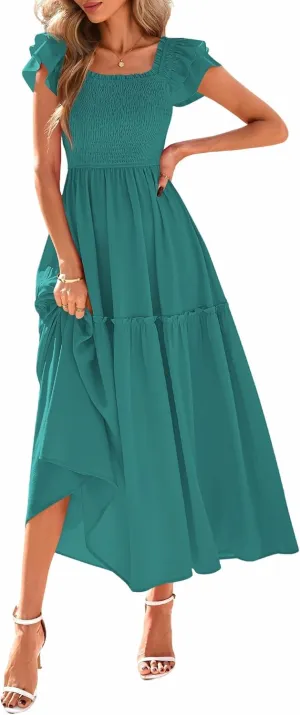 KIRUNDO Womens Summer Wedding Guest Dress 2025 Smocked Ruffle Flutter Short Sleeve Square Neck Flowy Tiered Midi Sundress