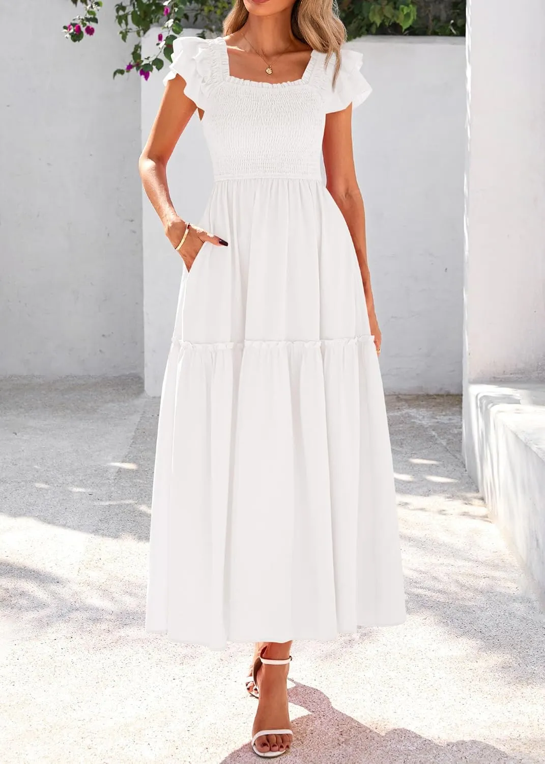 KIRUNDO Womens Summer Wedding Guest Dress 2025 Smocked Ruffle Flutter Short Sleeve Square Neck Flowy Tiered Midi Sundress