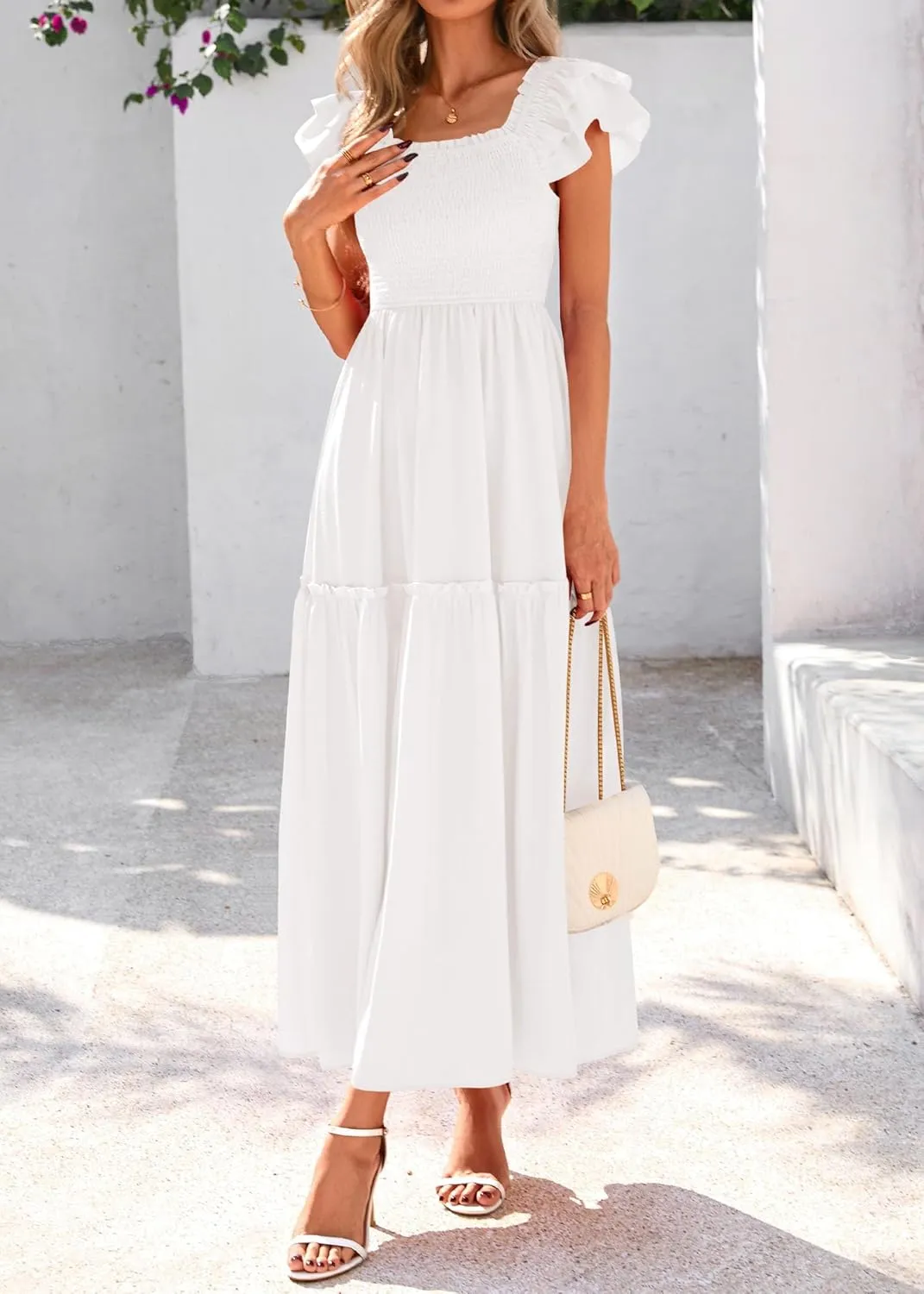 KIRUNDO Womens Summer Wedding Guest Dress 2025 Smocked Ruffle Flutter Short Sleeve Square Neck Flowy Tiered Midi Sundress