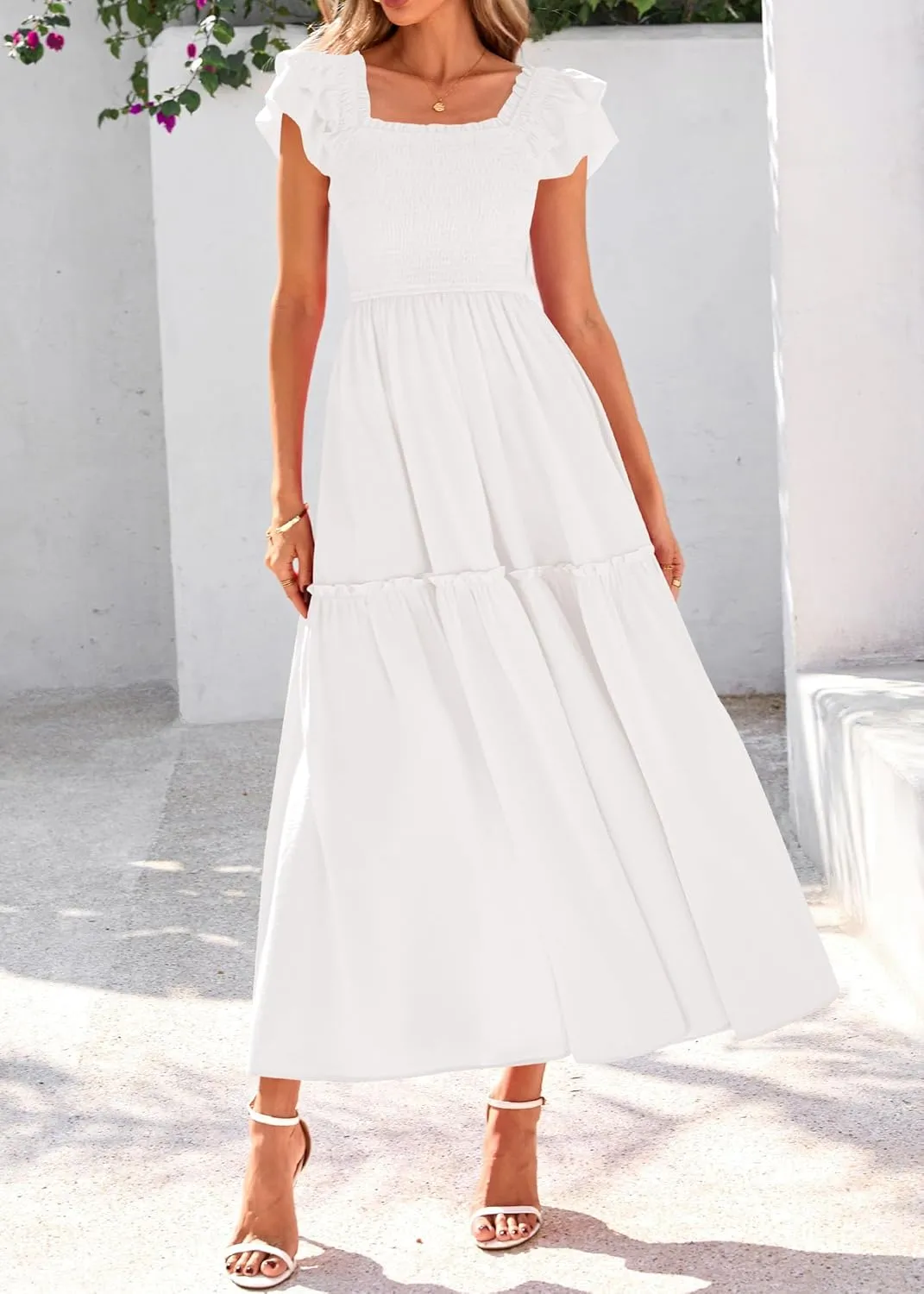 KIRUNDO Womens Summer Wedding Guest Dress 2025 Smocked Ruffle Flutter Short Sleeve Square Neck Flowy Tiered Midi Sundress