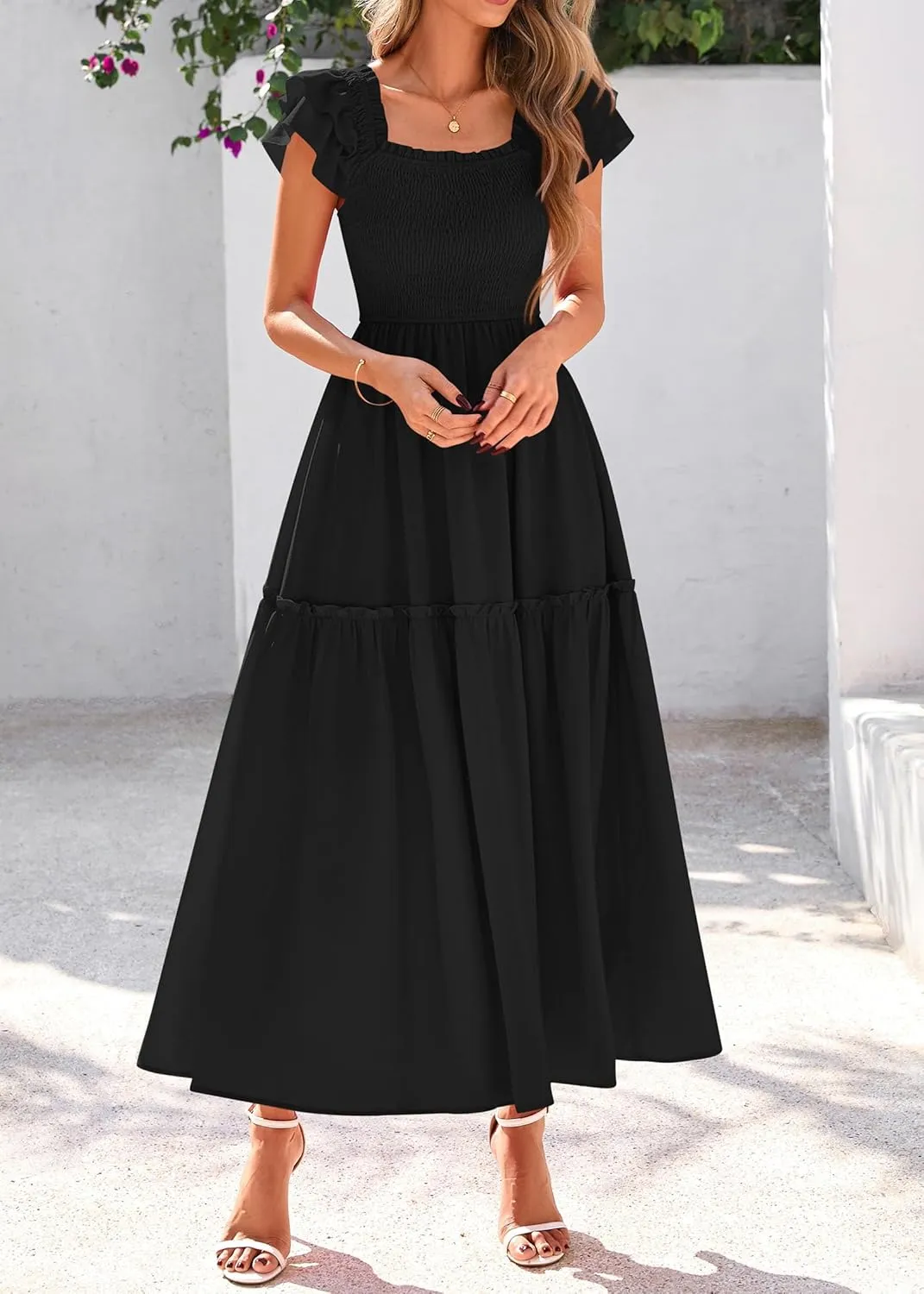 KIRUNDO Womens Summer Wedding Guest Dress 2025 Smocked Ruffle Flutter Short Sleeve Square Neck Flowy Tiered Midi Sundress