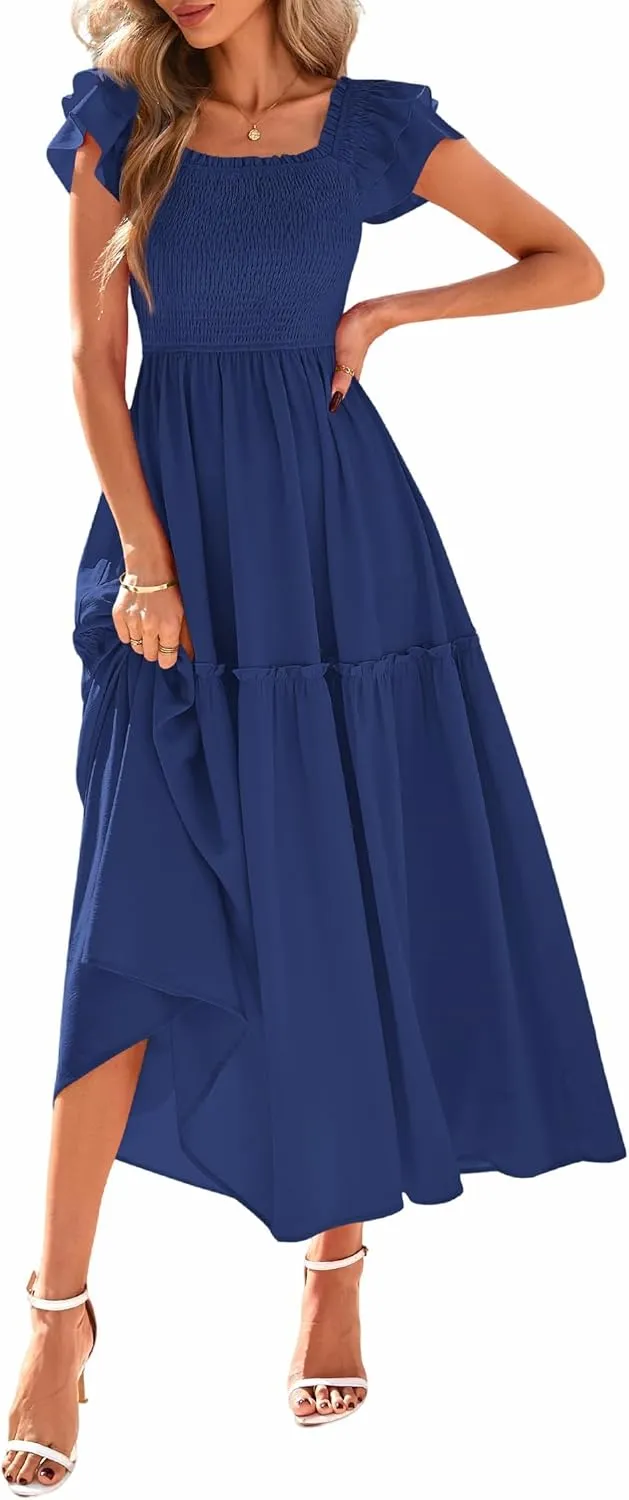 KIRUNDO Womens Summer Wedding Guest Dress 2025 Smocked Ruffle Flutter Short Sleeve Square Neck Flowy Tiered Midi Sundress