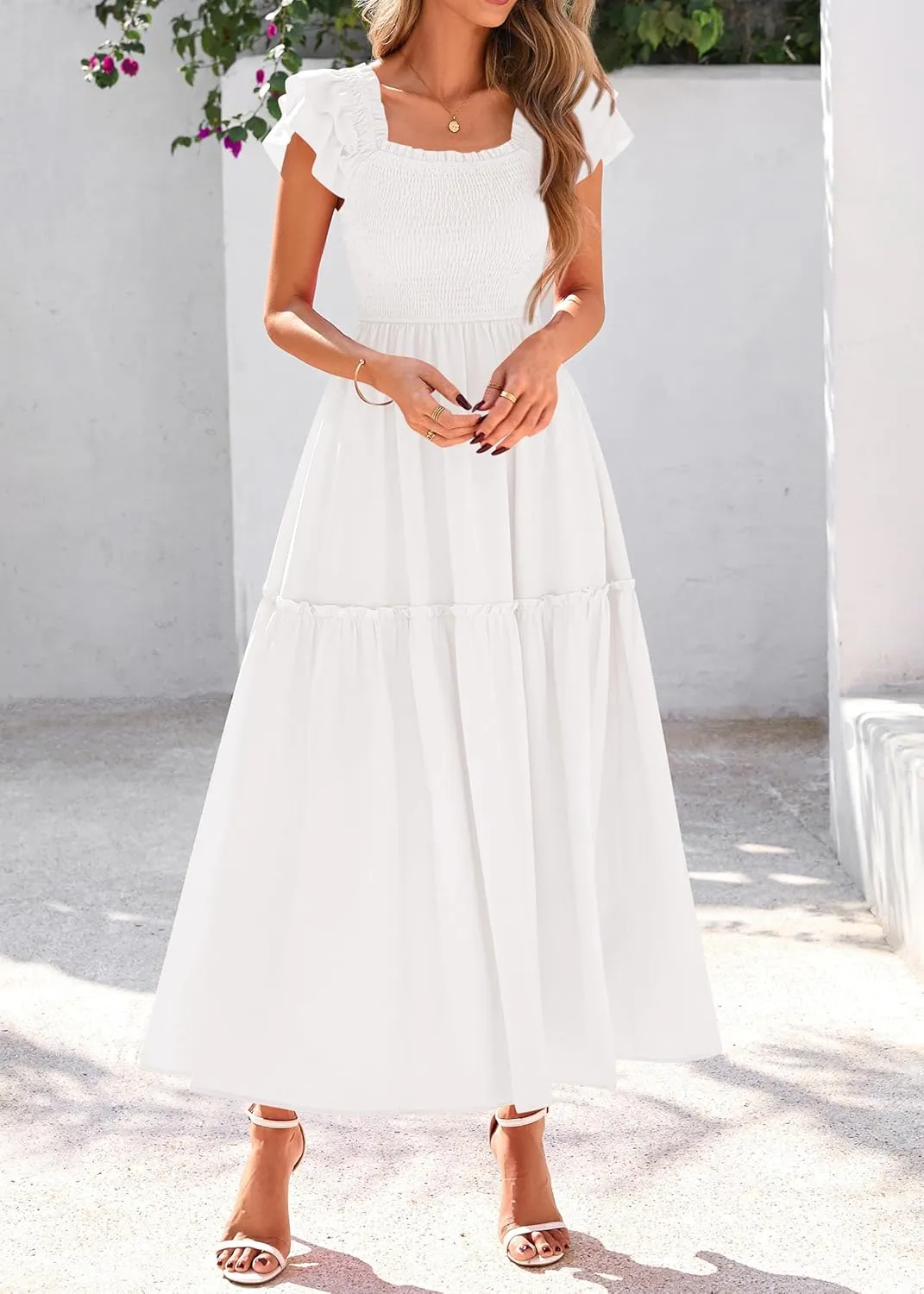KIRUNDO Womens Summer Wedding Guest Dress 2025 Smocked Ruffle Flutter Short Sleeve Square Neck Flowy Tiered Midi Sundress