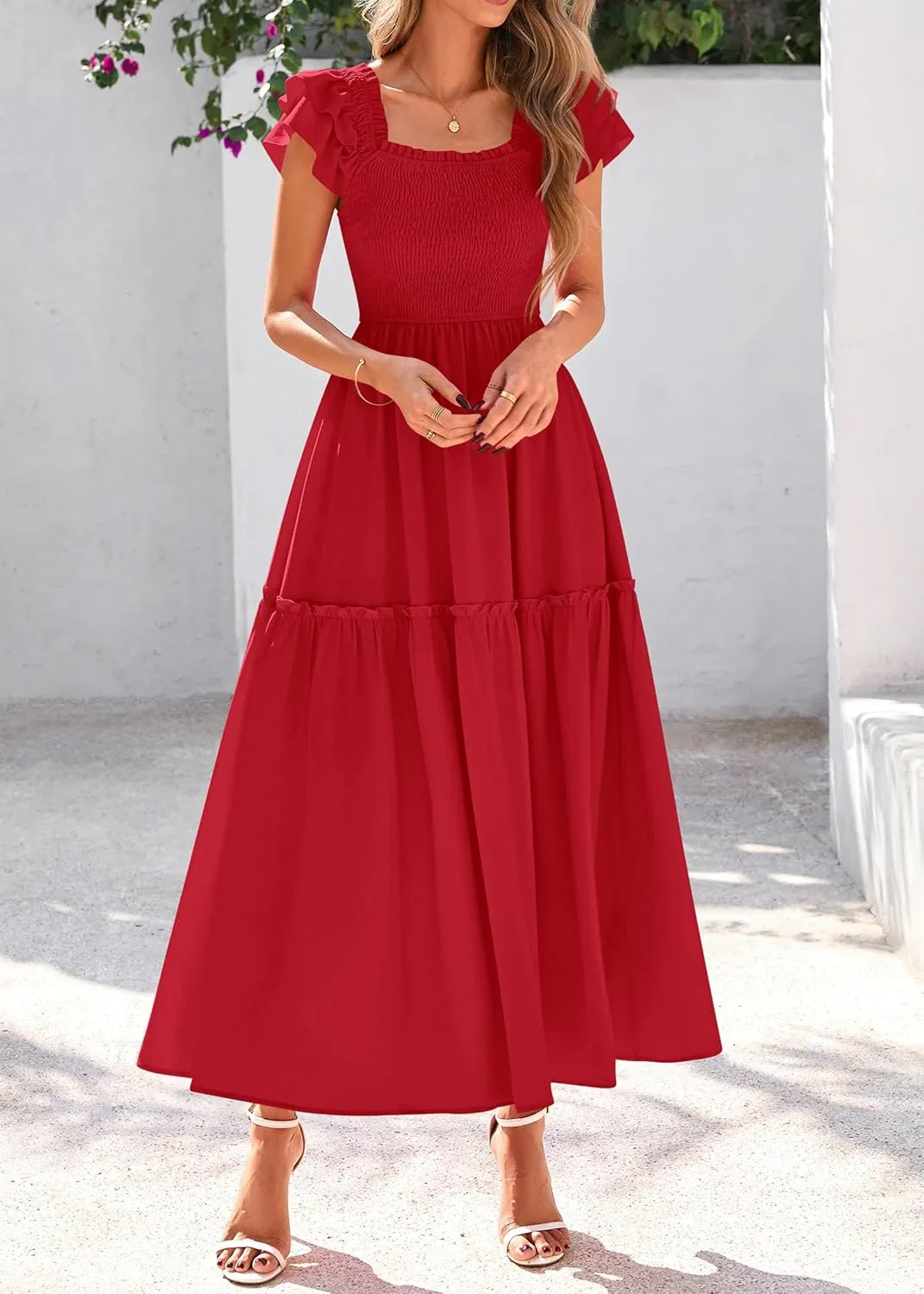 KIRUNDO Womens Summer Wedding Guest Dress 2025 Smocked Ruffle Flutter Short Sleeve Square Neck Flowy Tiered Midi Sundress