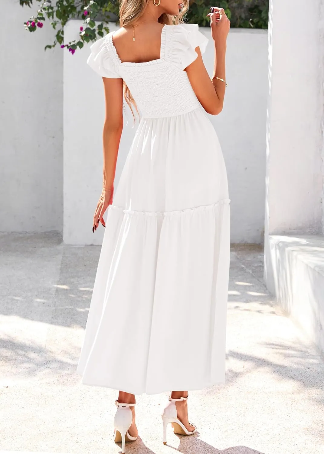 KIRUNDO Womens Summer Wedding Guest Dress 2025 Smocked Ruffle Flutter Short Sleeve Square Neck Flowy Tiered Midi Sundress