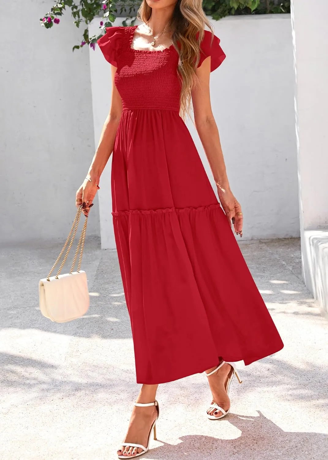 KIRUNDO Womens Summer Wedding Guest Dress 2025 Smocked Ruffle Flutter Short Sleeve Square Neck Flowy Tiered Midi Sundress