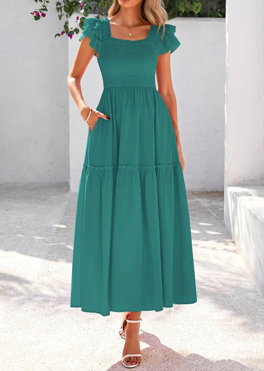 KIRUNDO Womens Summer Wedding Guest Dress 2025 Smocked Ruffle Flutter Short Sleeve Square Neck Flowy Tiered Midi Sundress