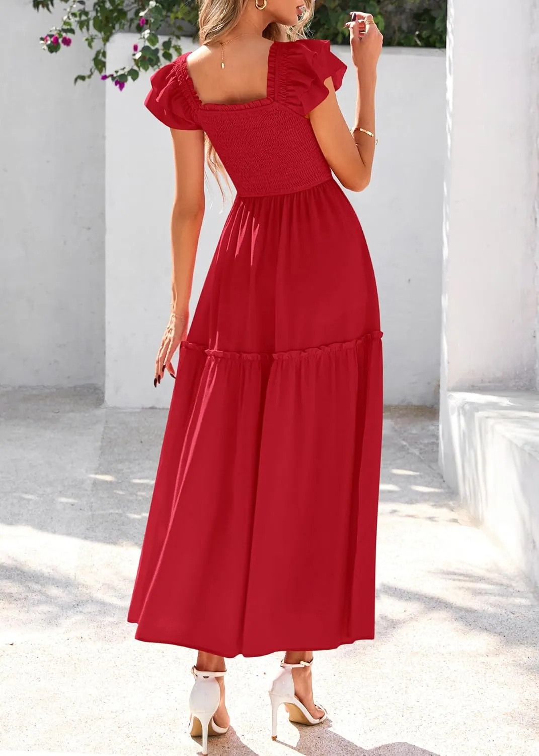 KIRUNDO Womens Summer Wedding Guest Dress 2025 Smocked Ruffle Flutter Short Sleeve Square Neck Flowy Tiered Midi Sundress