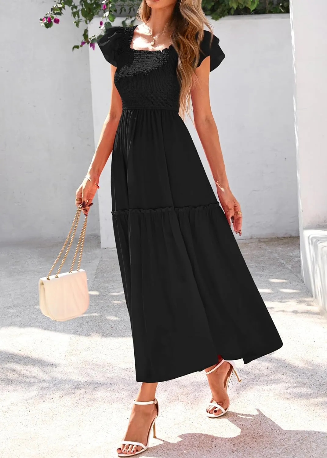 KIRUNDO Womens Summer Wedding Guest Dress 2025 Smocked Ruffle Flutter Short Sleeve Square Neck Flowy Tiered Midi Sundress