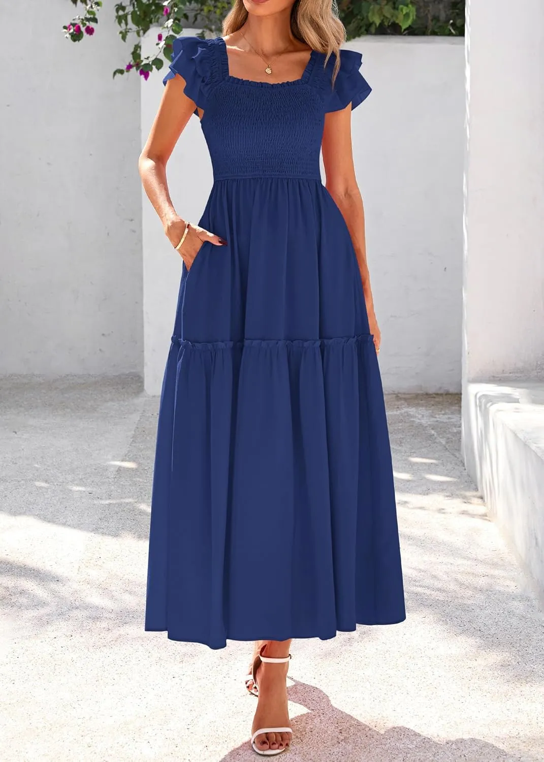 KIRUNDO Womens Summer Wedding Guest Dress 2025 Smocked Ruffle Flutter Short Sleeve Square Neck Flowy Tiered Midi Sundress