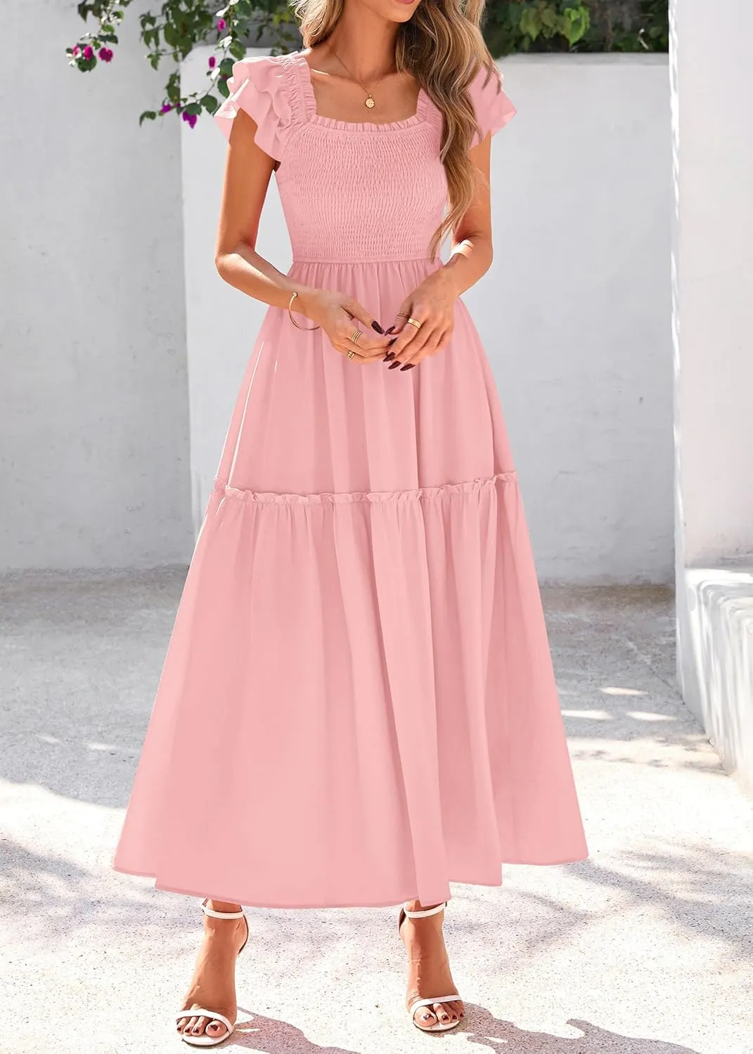 KIRUNDO Womens Summer Wedding Guest Dress 2025 Smocked Ruffle Flutter Short Sleeve Square Neck Flowy Tiered Midi Sundress