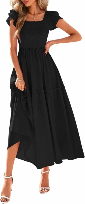 KIRUNDO Womens Summer Wedding Guest Dress 2025 Smocked Ruffle Flutter Short Sleeve Square Neck Flowy Tiered Midi Sundress