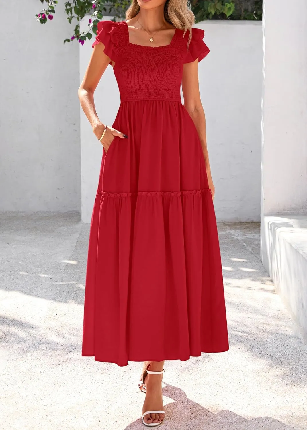 KIRUNDO Womens Summer Wedding Guest Dress 2025 Smocked Ruffle Flutter Short Sleeve Square Neck Flowy Tiered Midi Sundress
