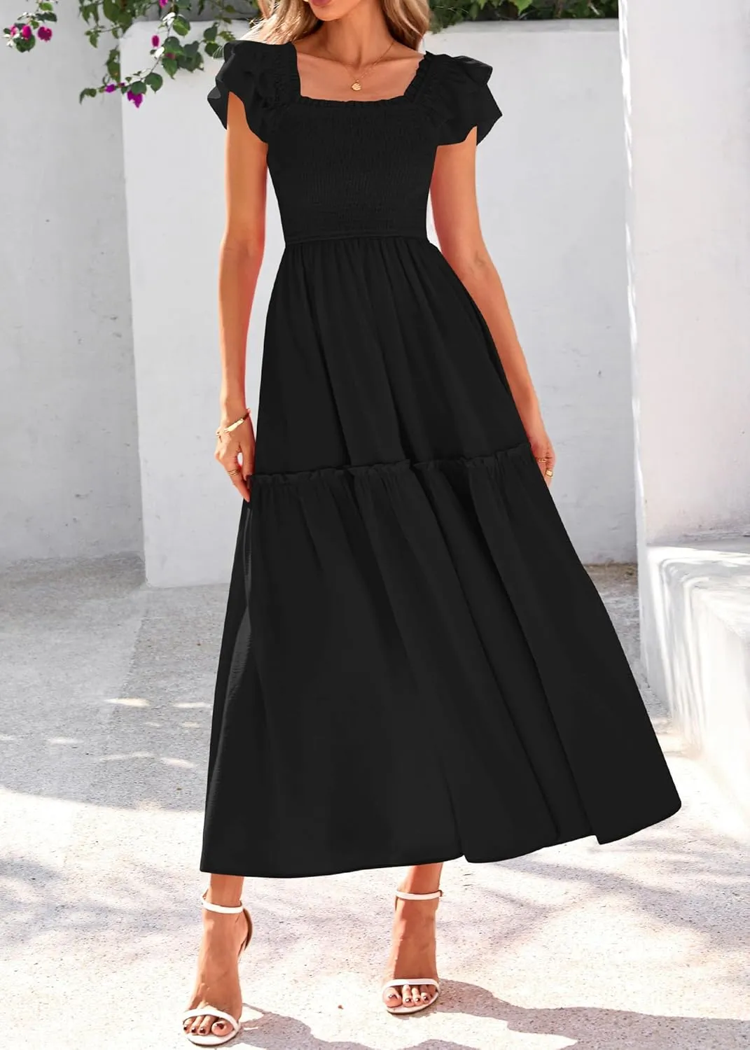 KIRUNDO Womens Summer Wedding Guest Dress 2025 Smocked Ruffle Flutter Short Sleeve Square Neck Flowy Tiered Midi Sundress