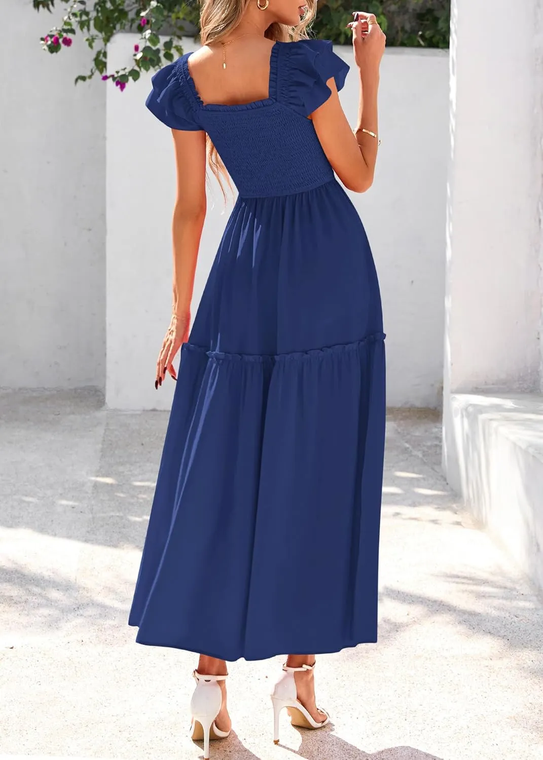 KIRUNDO Womens Summer Wedding Guest Dress 2025 Smocked Ruffle Flutter Short Sleeve Square Neck Flowy Tiered Midi Sundress