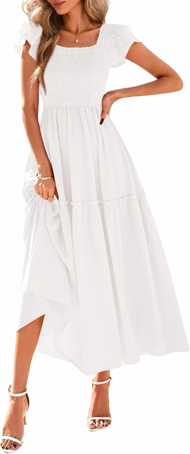 KIRUNDO Womens Summer Wedding Guest Dress 2025 Smocked Ruffle Flutter Short Sleeve Square Neck Flowy Tiered Midi Sundress