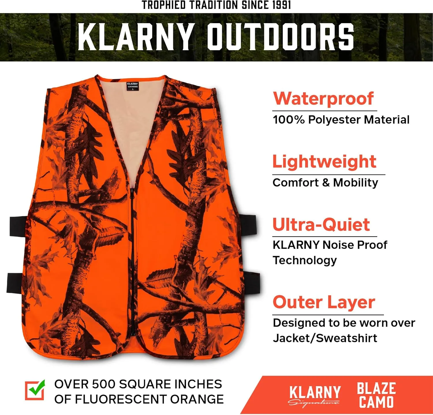 Klarny Orange Safety Vest, High-Visibility, Waterproof Deer and Bow Hunting Gear, Quiet Hunter Vests and Hunting Accessories