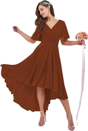 Kyeuan Ruffles Sleeve Bridesmaid Dresses with Pockets High Low Chiffon Formal Dresses for Women Wedding Guest