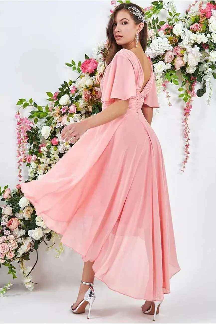 Kyeuan Ruffles Sleeve Bridesmaid Dresses with Pockets High Low Chiffon Formal Dresses for Women Wedding Guest