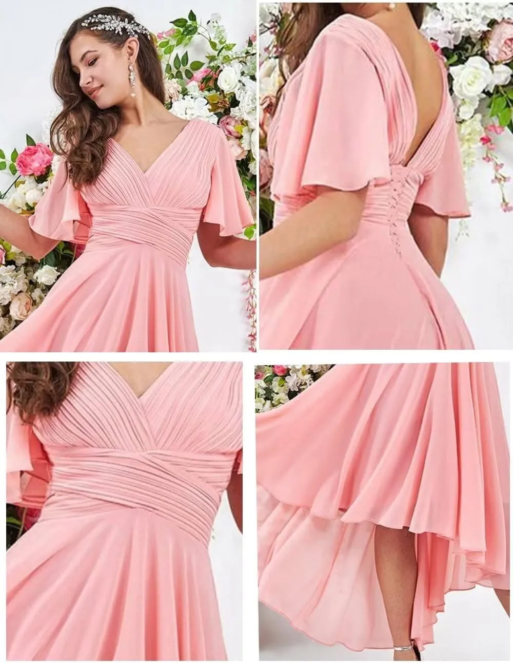 Kyeuan Ruffles Sleeve Bridesmaid Dresses with Pockets High Low Chiffon Formal Dresses for Women Wedding Guest
