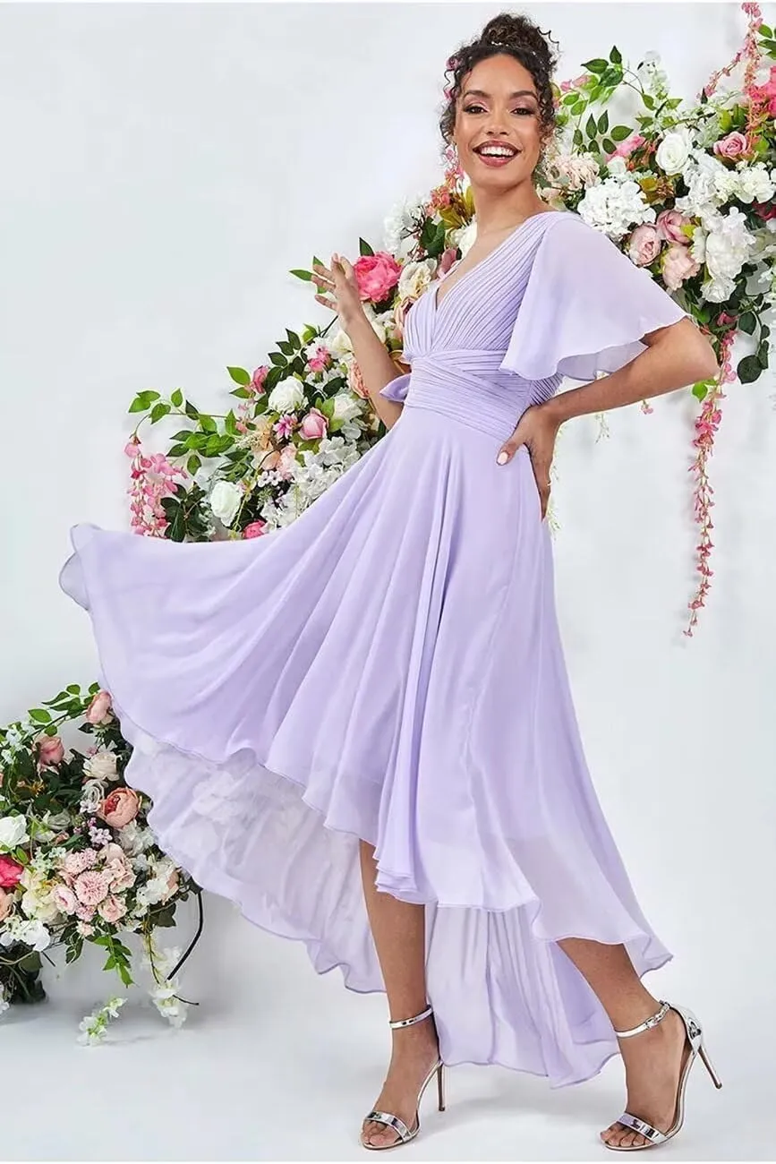 Kyeuan Ruffles Sleeve Bridesmaid Dresses with Pockets High Low Chiffon Formal Dresses for Women Wedding Guest