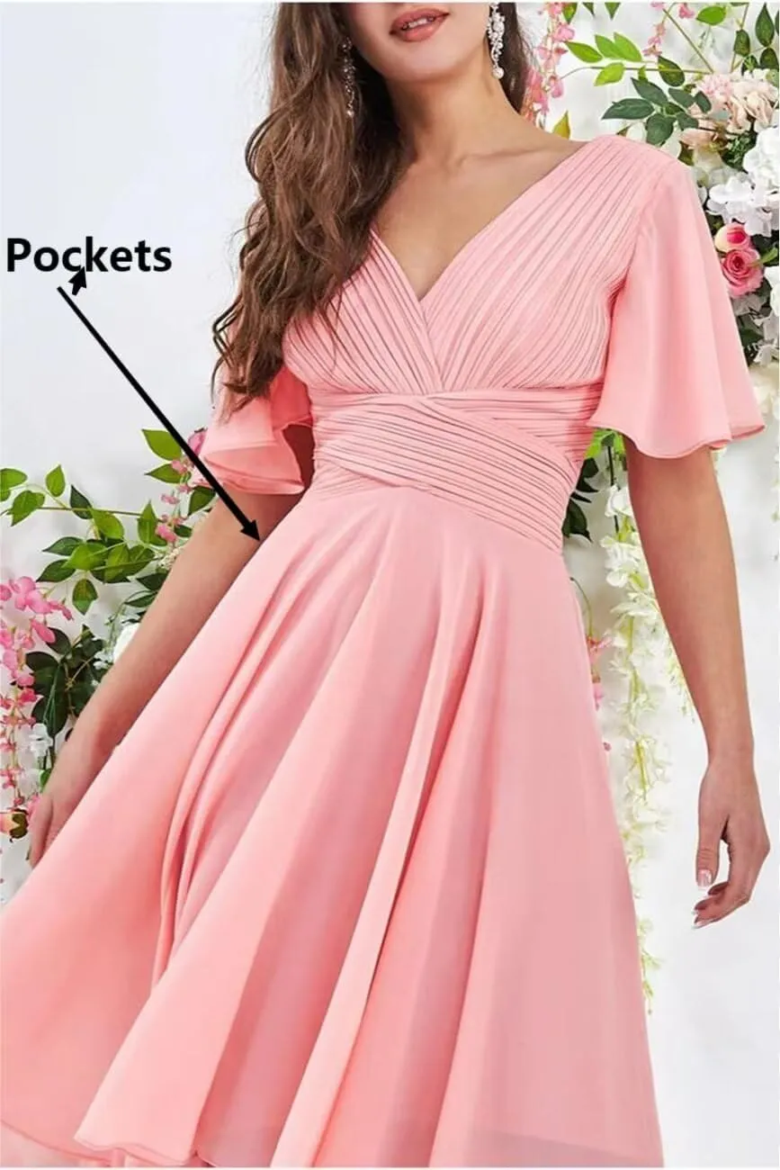 Kyeuan Ruffles Sleeve Bridesmaid Dresses with Pockets High Low Chiffon Formal Dresses for Women Wedding Guest