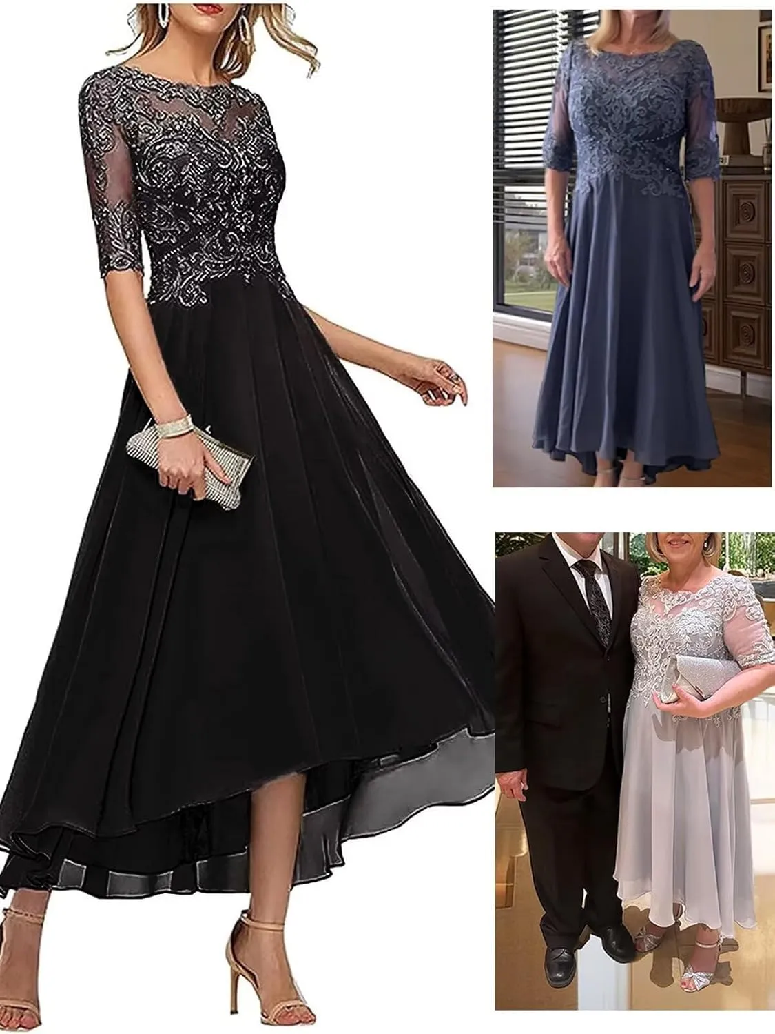 Lace Applique Mother of The Bride Dresses for Wedding Tea Length Half Sleeve Beaded Chiffon Formal Evening Dress