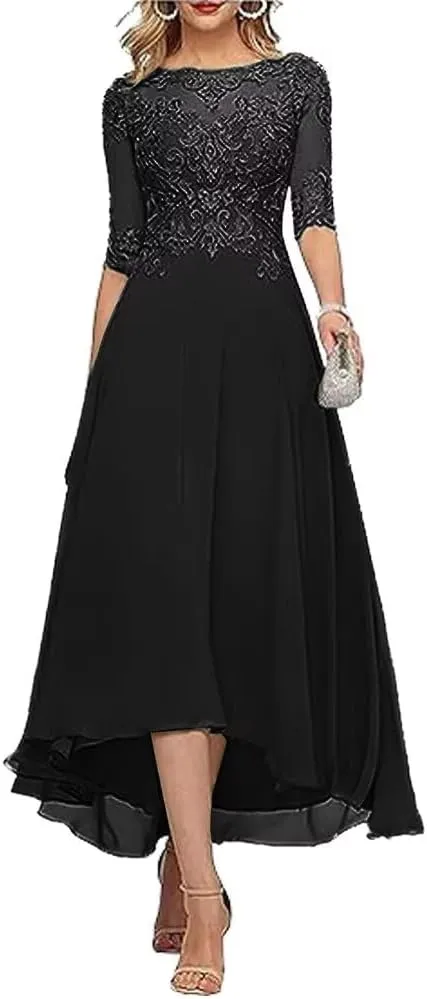 Lace Applique Mother of The Bride Dresses for Wedding Tea Length Half Sleeve Beaded Chiffon Formal Evening Dress