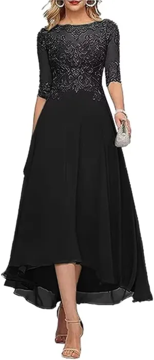 Lace Applique Mother of The Bride Dresses for Wedding Tea Length Half Sleeve Beaded Chiffon Formal Evening Dress