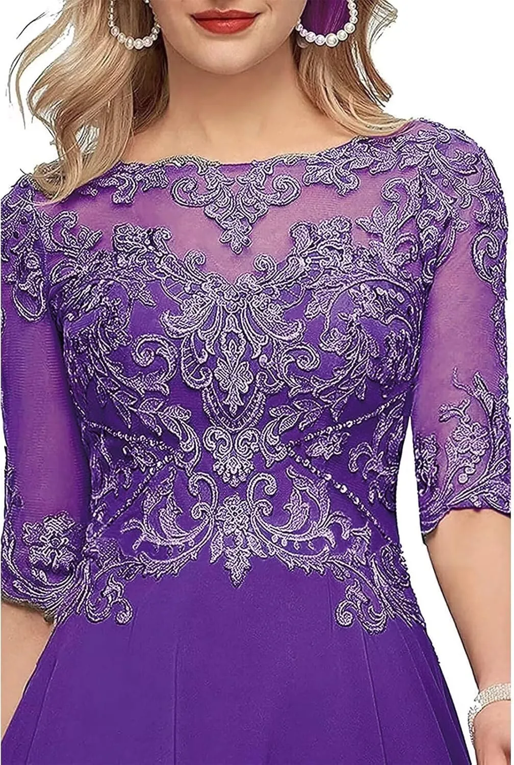 Lace Applique Mother of The Bride Dresses for Wedding Tea Length Half Sleeve Beaded Chiffon Formal Evening Dress