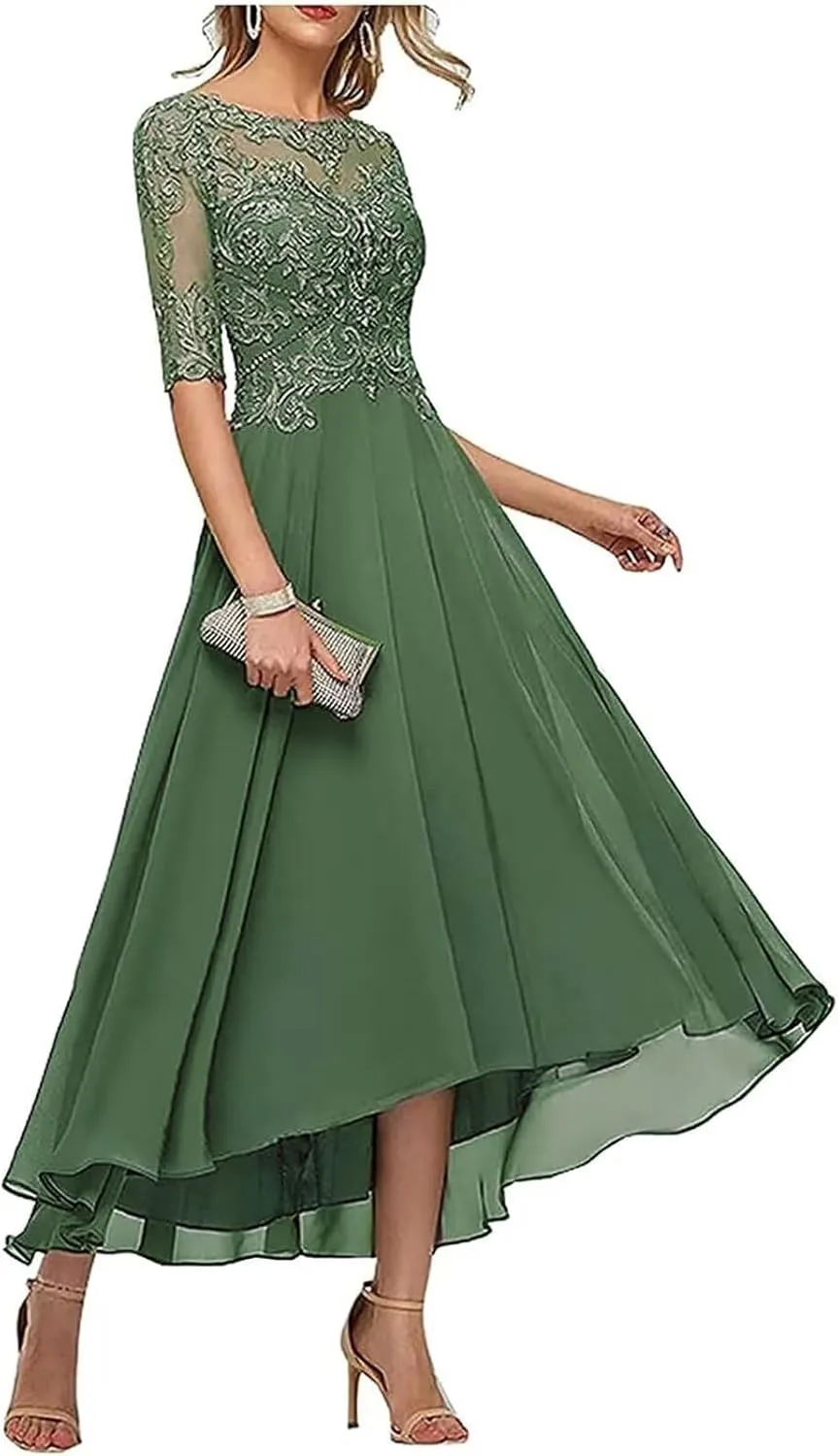 Lace Applique Mother of The Bride Dresses for Wedding Tea Length Half Sleeve Beaded Chiffon Formal Evening Dress