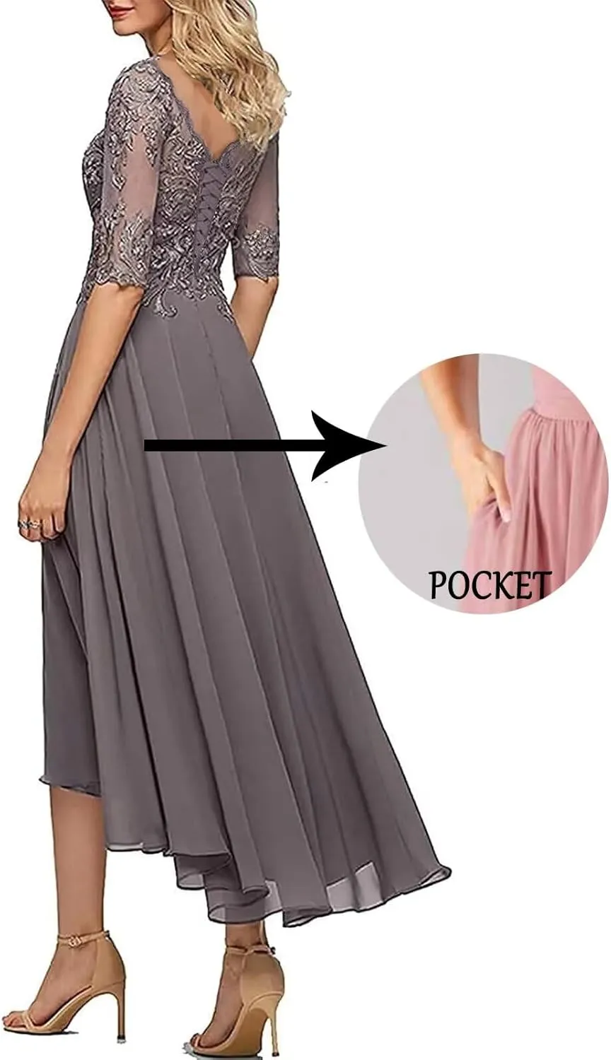Lace Applique Mother of The Bride Dresses for Wedding Tea Length Half Sleeve Beaded Chiffon Formal Evening Dress