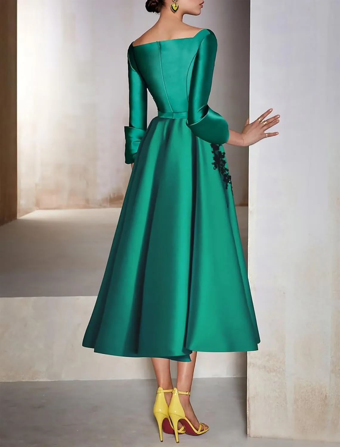 Lace Appliques A-Line Mother of The Bridesmaid Dresses 3/4 Sleeves Slit V-Neck Prom Wedding Party Gowns with Pockets DR0722