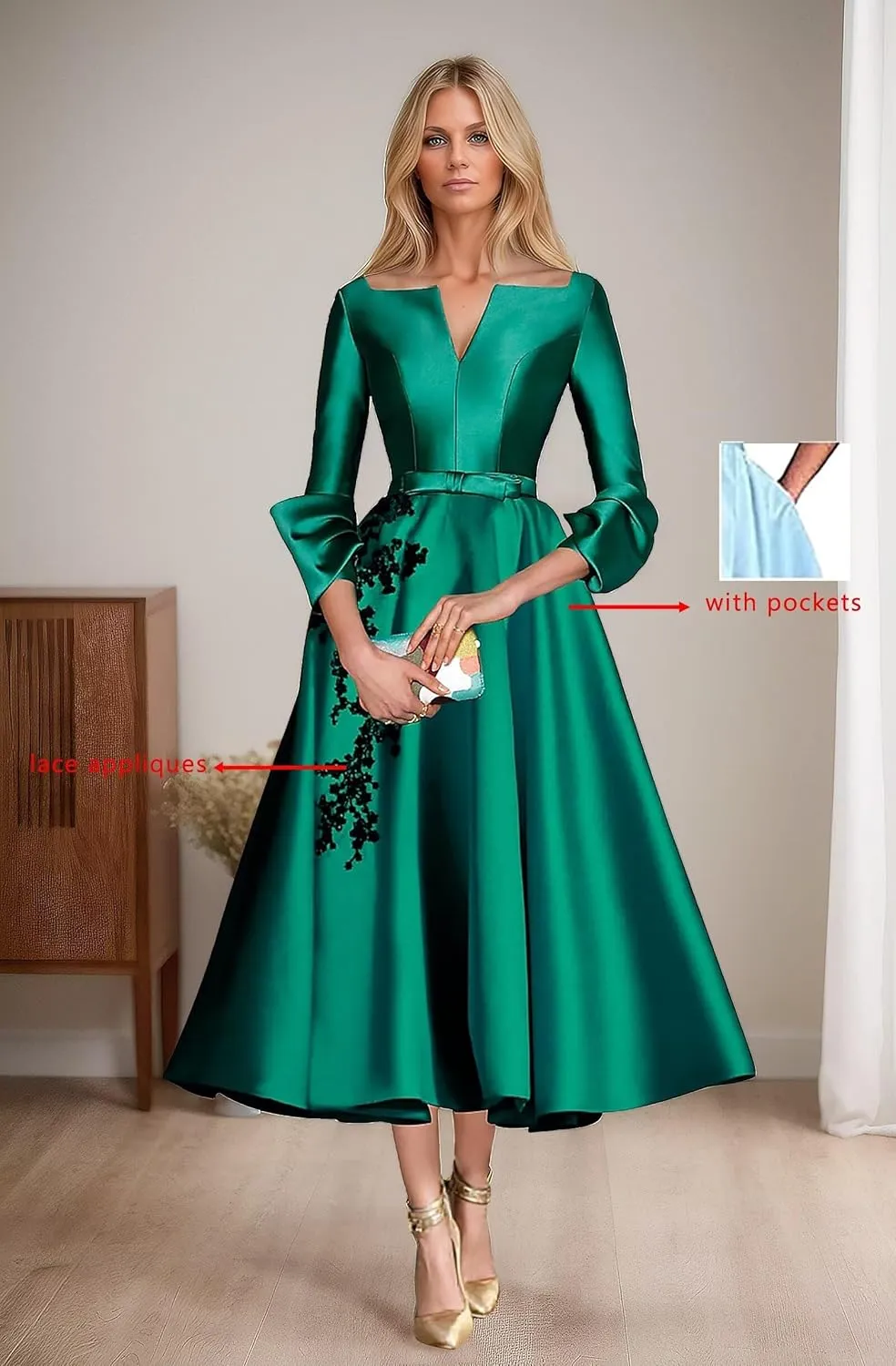 Lace Appliques A-Line Mother of The Bridesmaid Dresses 3/4 Sleeves Slit V-Neck Prom Wedding Party Gowns with Pockets DR0722